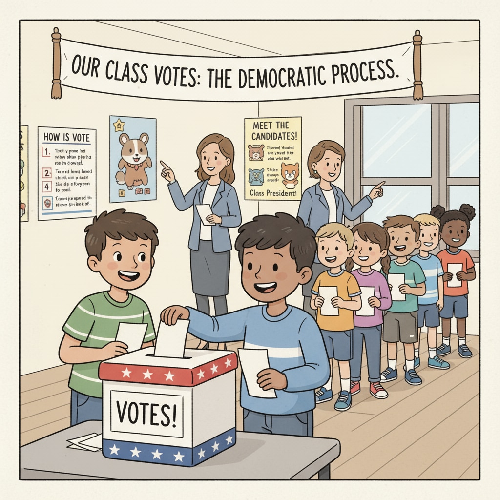 A group of enthusiastic K12 students participating in a mock election, casting their votes and experiencing the democratic process. K12 students involved in a mock election related to political science education