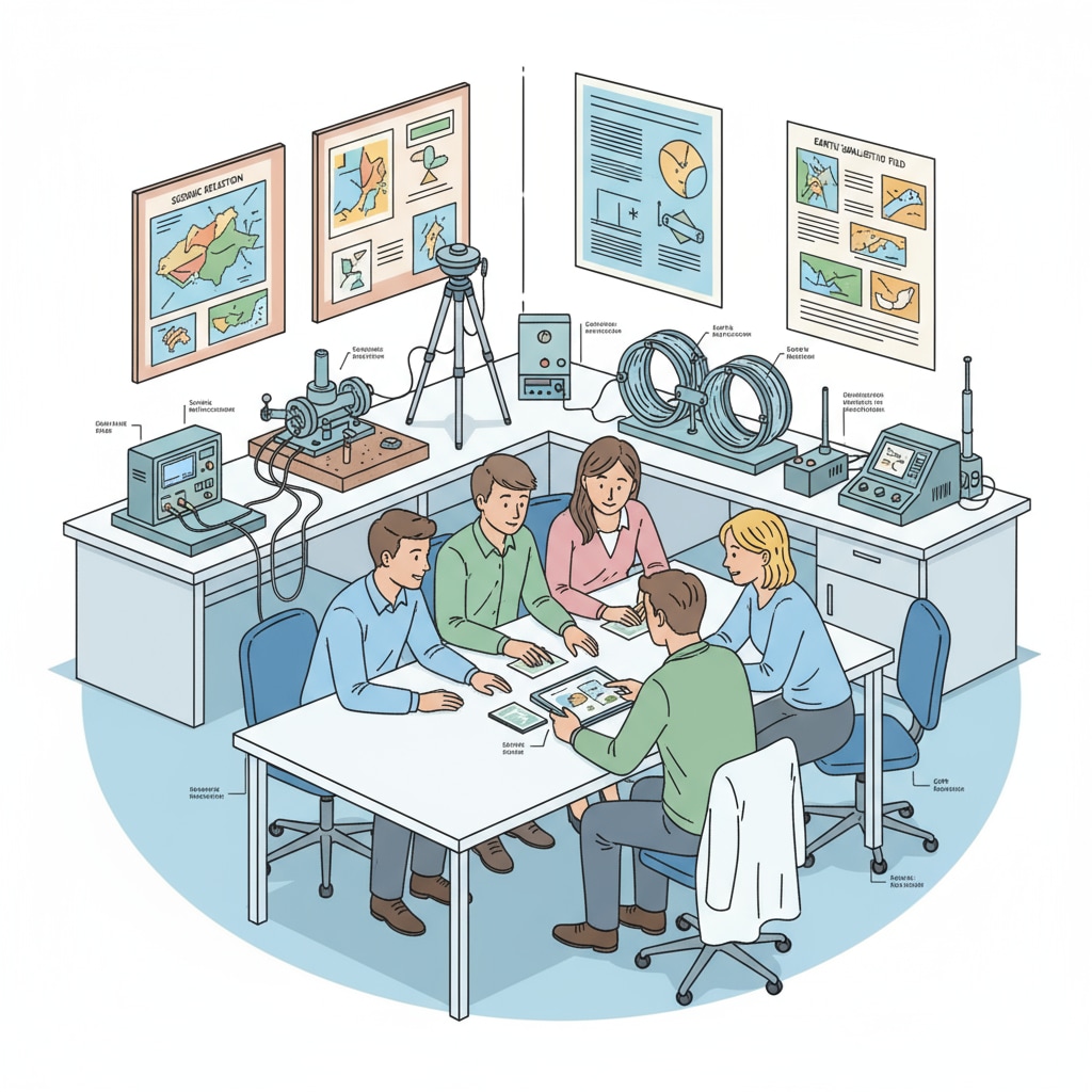 A group of geophysics students having a discussion in a laboratory setting, with various geophysical instruments in the background. Geophysics students in a laboratory discussing, related to geophysics, second master's, and employment dilemmas