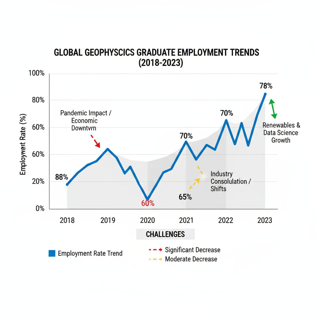 A graph depicting the employment rate trends of geophysics graduates over the past few years, showing fluctuations and challenges in the job market. Graph showing the employment situation of geophysics graduates, relevant to geophysics, second master's, and employment dilemmas
