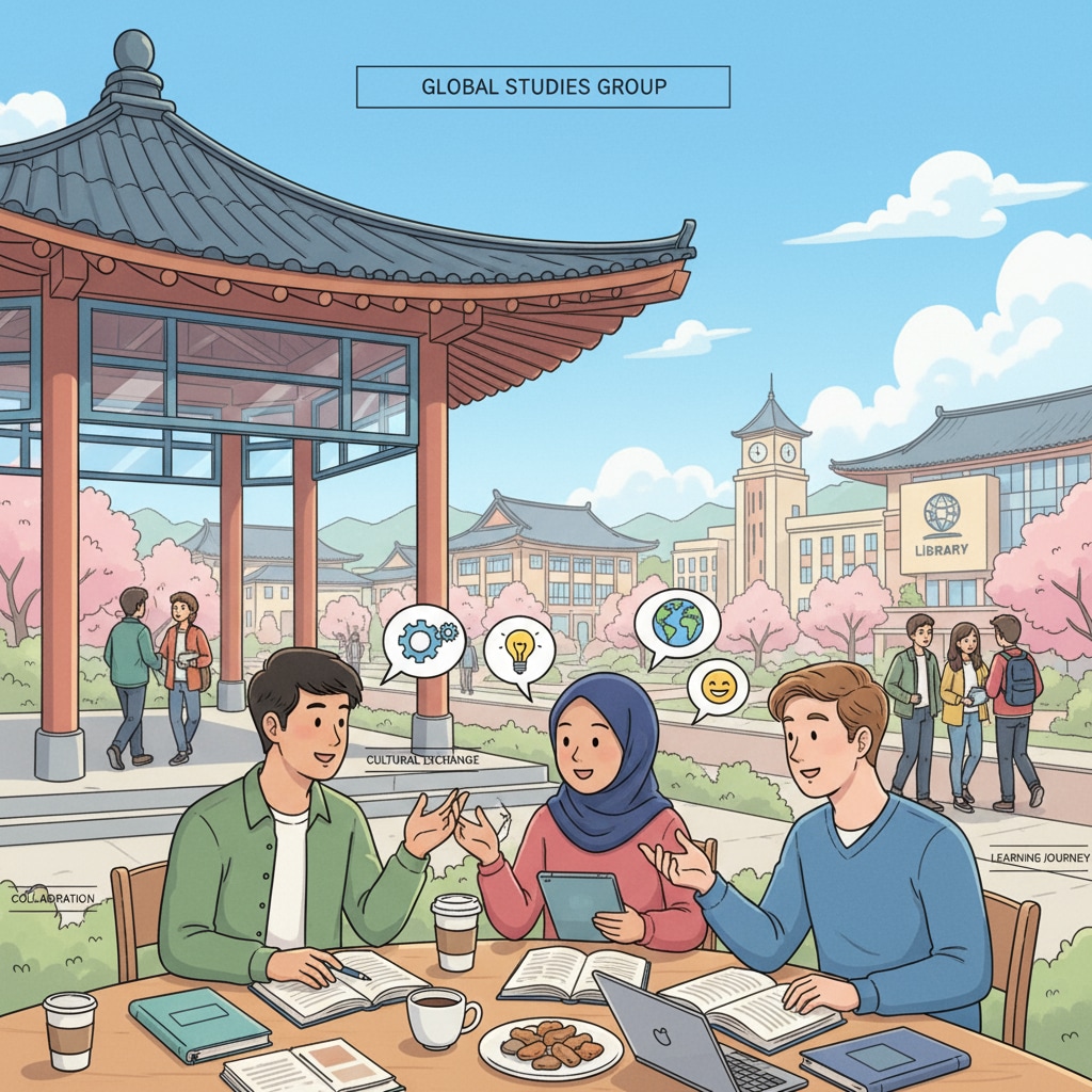 A group of students engaged in a discussion in a campus environment in Asia, representing the academic and social aspects of studying abroad. Transgender students discussing psychology in an Asian university campus