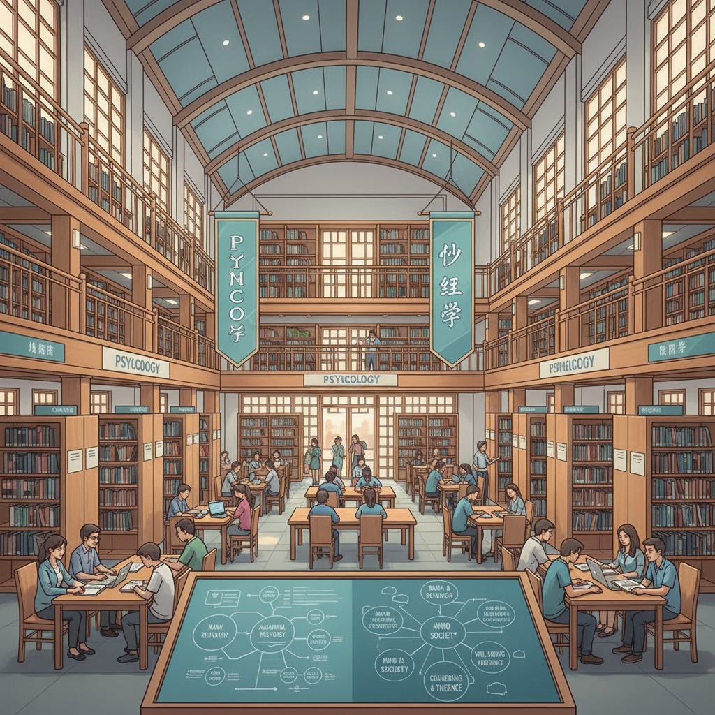 A library filled with psychology books in an Asian university, symbolizing the academic resources available for psychology students. Library with psychology books in an Asian university for transgender students