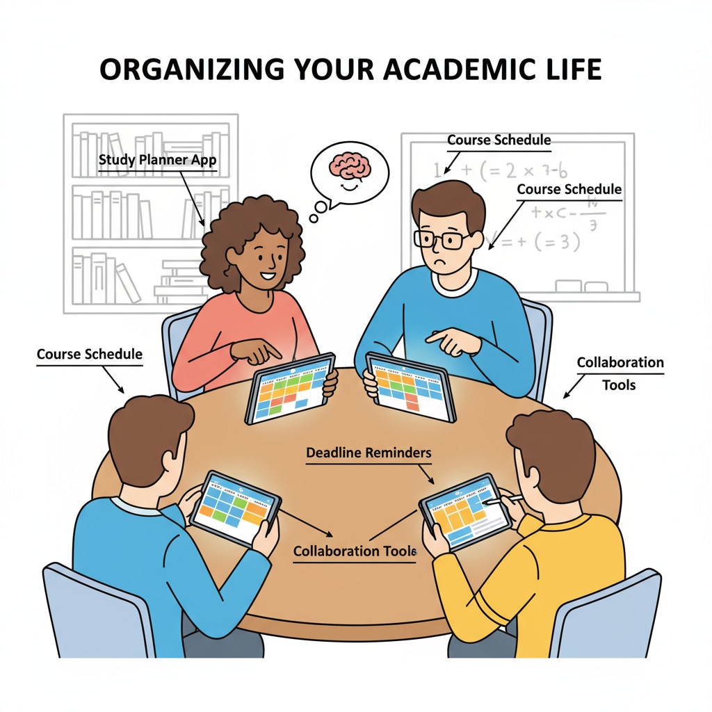 A group of students sitting around a table, using their smartphones and tablets with calendar apps open to plan their study schedules. Students using free calendar apps to enhance organizational skills