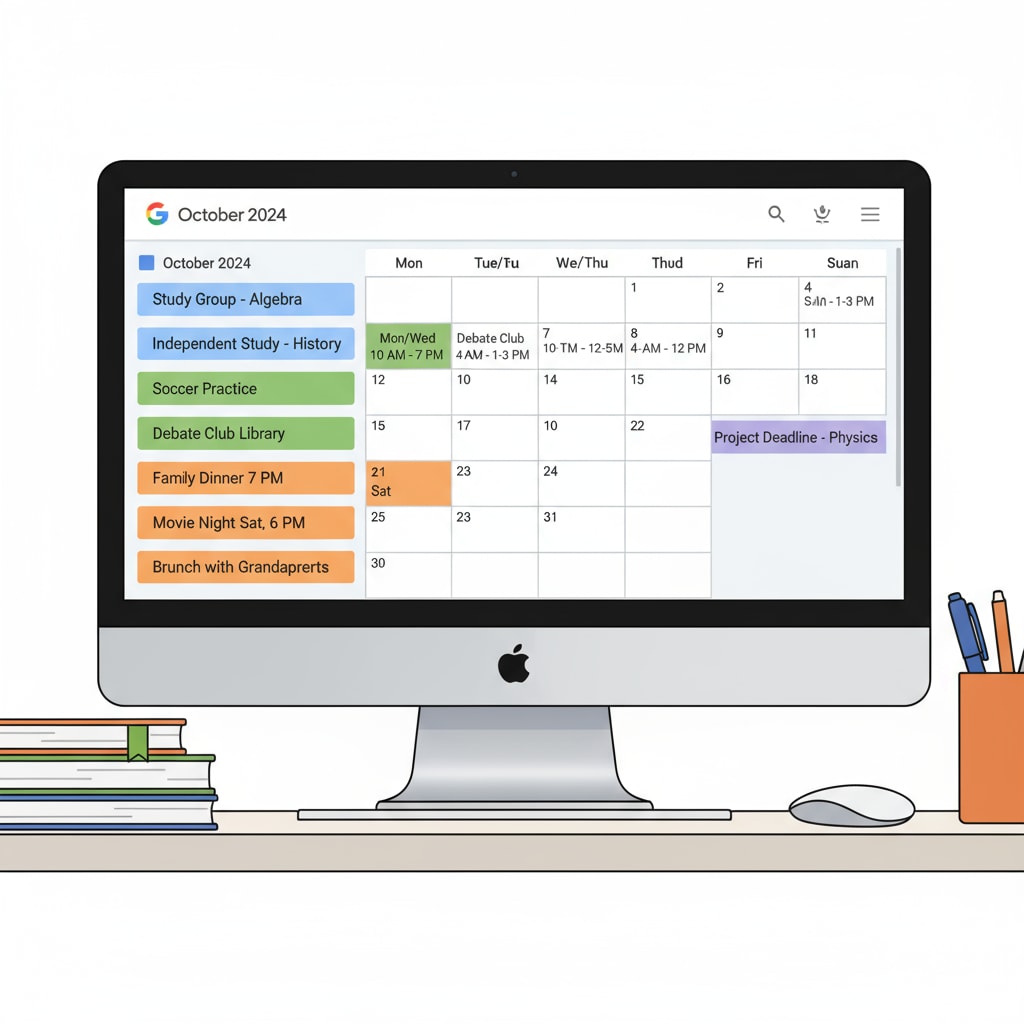 A screenshot of Google Calendar on a computer screen, showing different colored events such as study sessions, extracurricular activities, and family time. Google Calendar interface with various colored events for students to boost organizational abilities