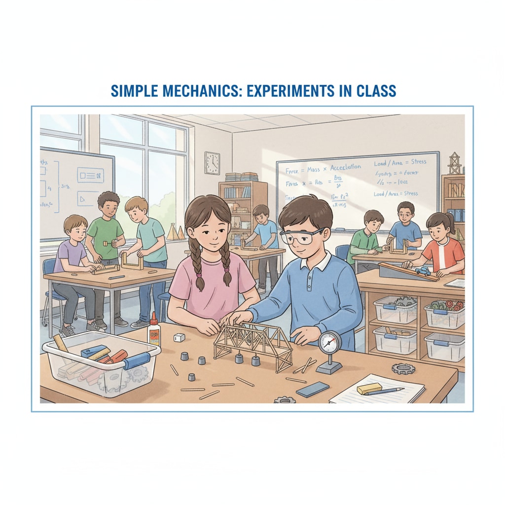 Students are seen conducting simple mechanical experiments such as building small bridges to understand load and stress. K12 students experimenting with mechanical concepts relevant to mechanical engineering, transportation industry, and master's programs