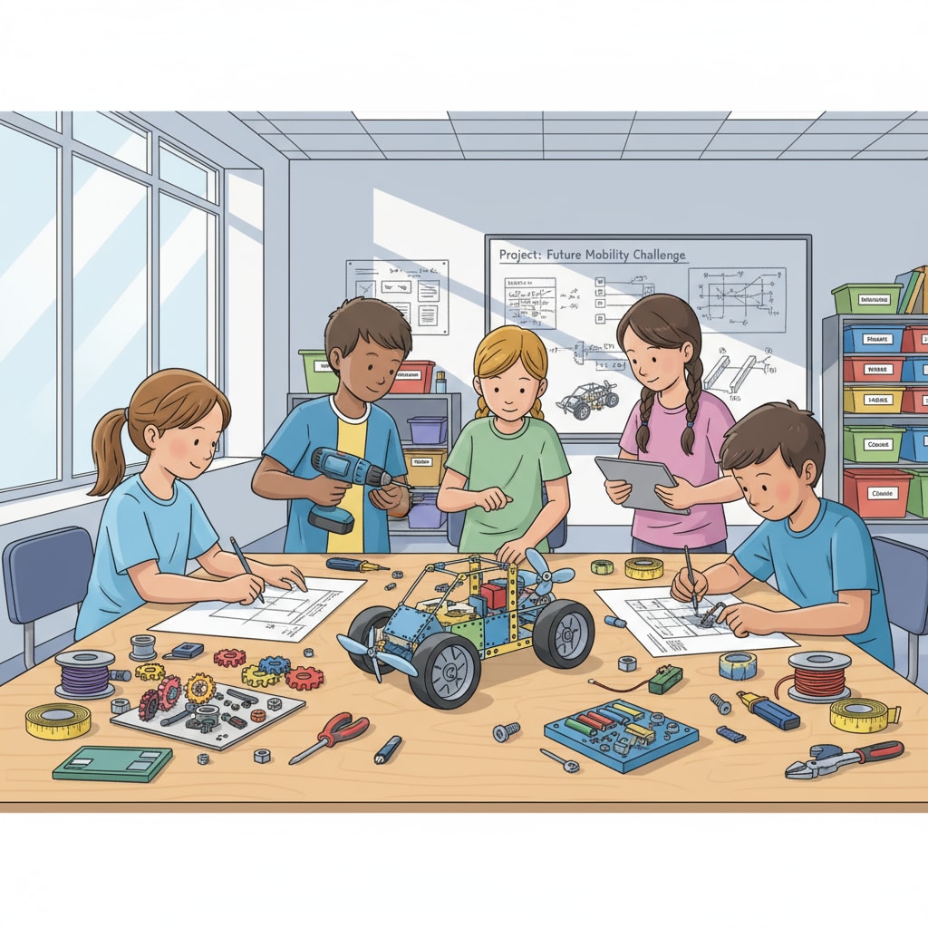 A classroom full of students is working on a STEM project related to designing a small transportation vehicle, with various tools and materials around. K12 students engaged in a STEM project for the transportation industry, which is a stepping stone to mechanical engineering master's programs