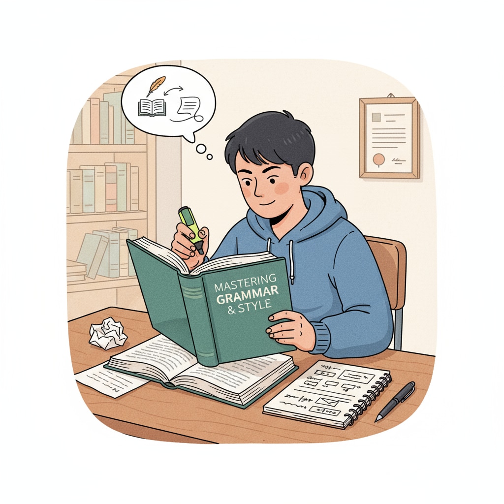 Student reading grammar book to boost exam report writing language skills
