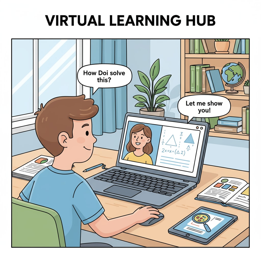 A virtual classroom setup for online tutoring, showing a student using a computer to communicate with a tutor Online tutoring setup highlighting its features relevant to parents' trust