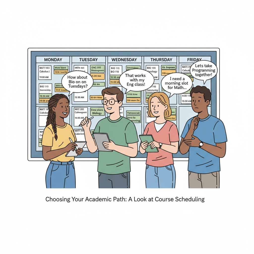 A group of students looking at a college course schedule board, discussing their options for class times. K12 students considering college course schedule and time selection