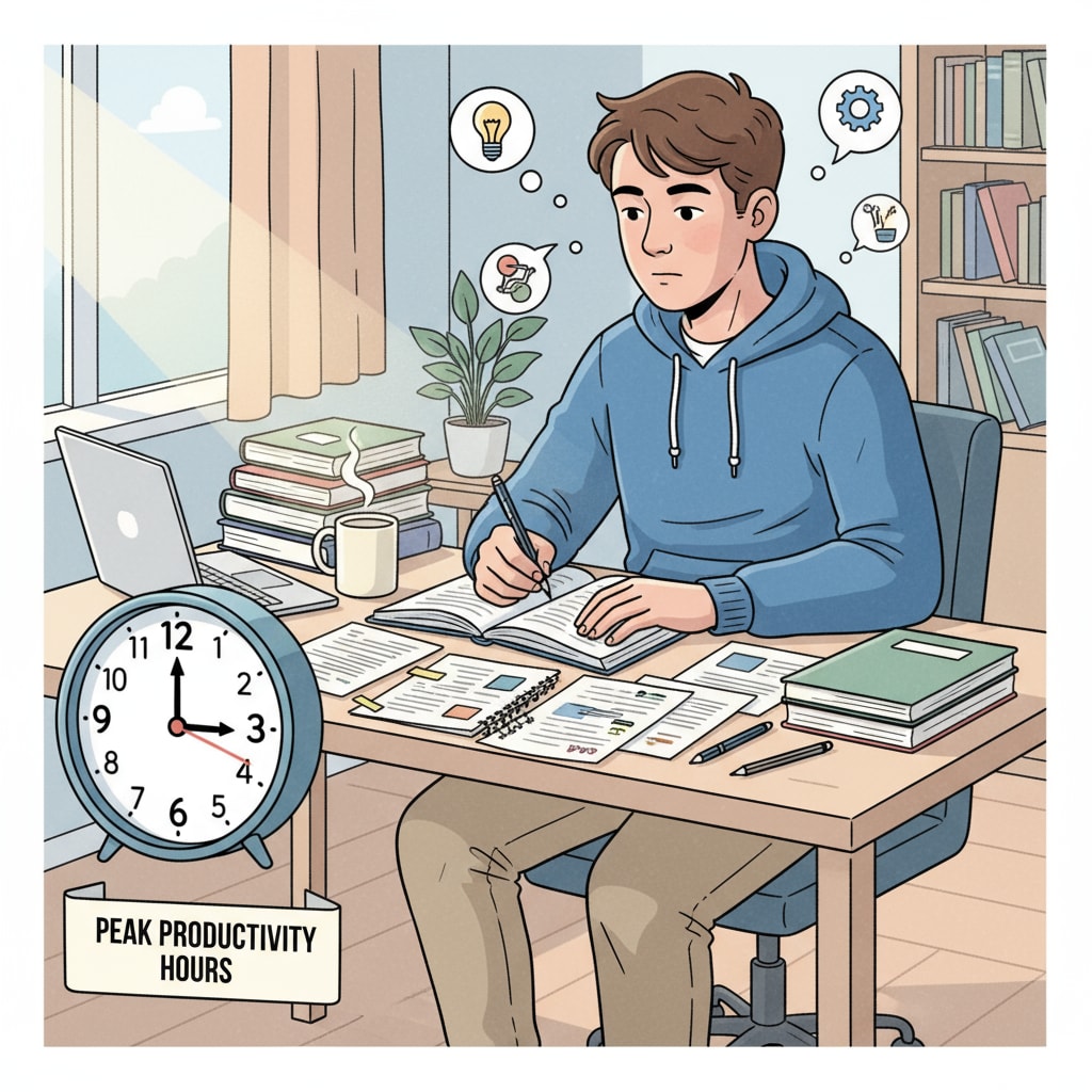 A student studying at a desk during their most productive time of the day, with a clock showing the time. Student studying during peak productivity time related to college course time selection