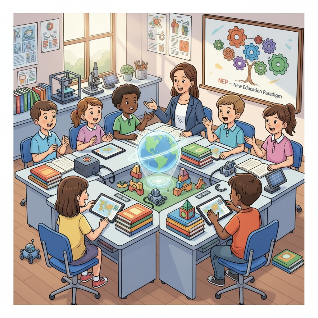 A group of students are engaged in a lively discussion in a classroom. There are new books and educational tools on their desks, representing the new educational environment envisioned under the NEP. Students in a classroom under the new education environment of NEP implementation