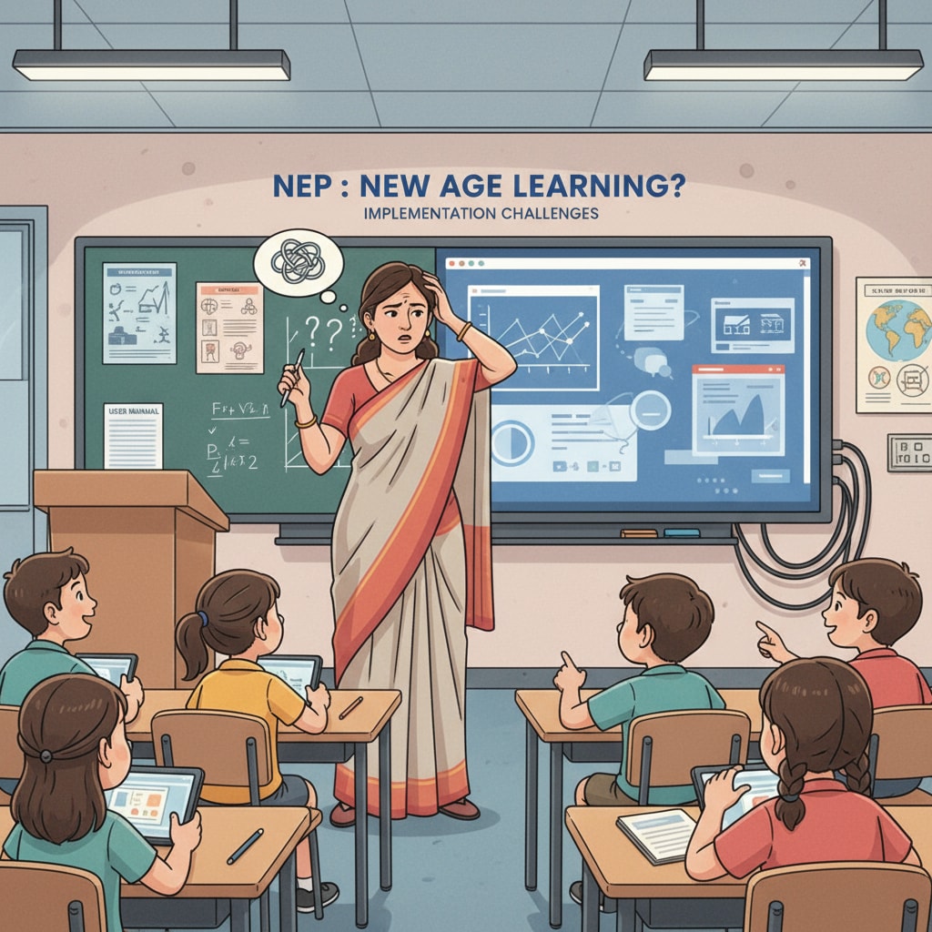 A teacher is standing in front of a classroom, looking a bit confused while trying to operate a new interactive whiteboard, symbolizing the challenges teachers face in implementing new teaching methods under NEP. Teacher facing challenges in implementing NEP teaching methods