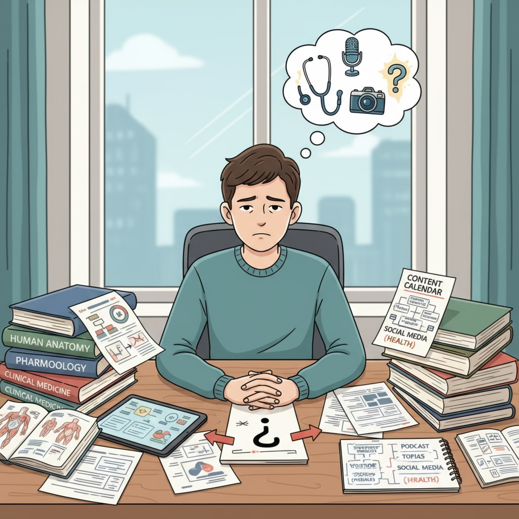 A young man sitting at a desk, looking pensive while surrounded by papers related to both medical studies and content creation ideas. This depicts John's state of confusion during his career transition. A young man in a state of career transition, showing elements of medical and content creation aspects related to career planning, physical therapy, content creation, and mental health.