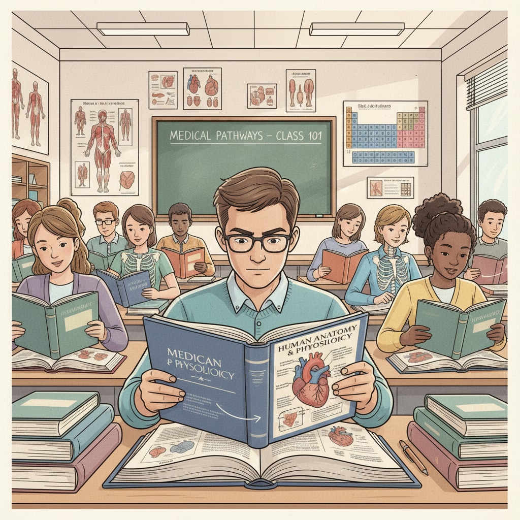 A classroom scene with students studying medical textbooks, representing John's initial pursuit of a medical degree. A classroom setting with students engaged in medical studies, relevant to career planning, physical therapy ambitions, and the early stages of John's journey.