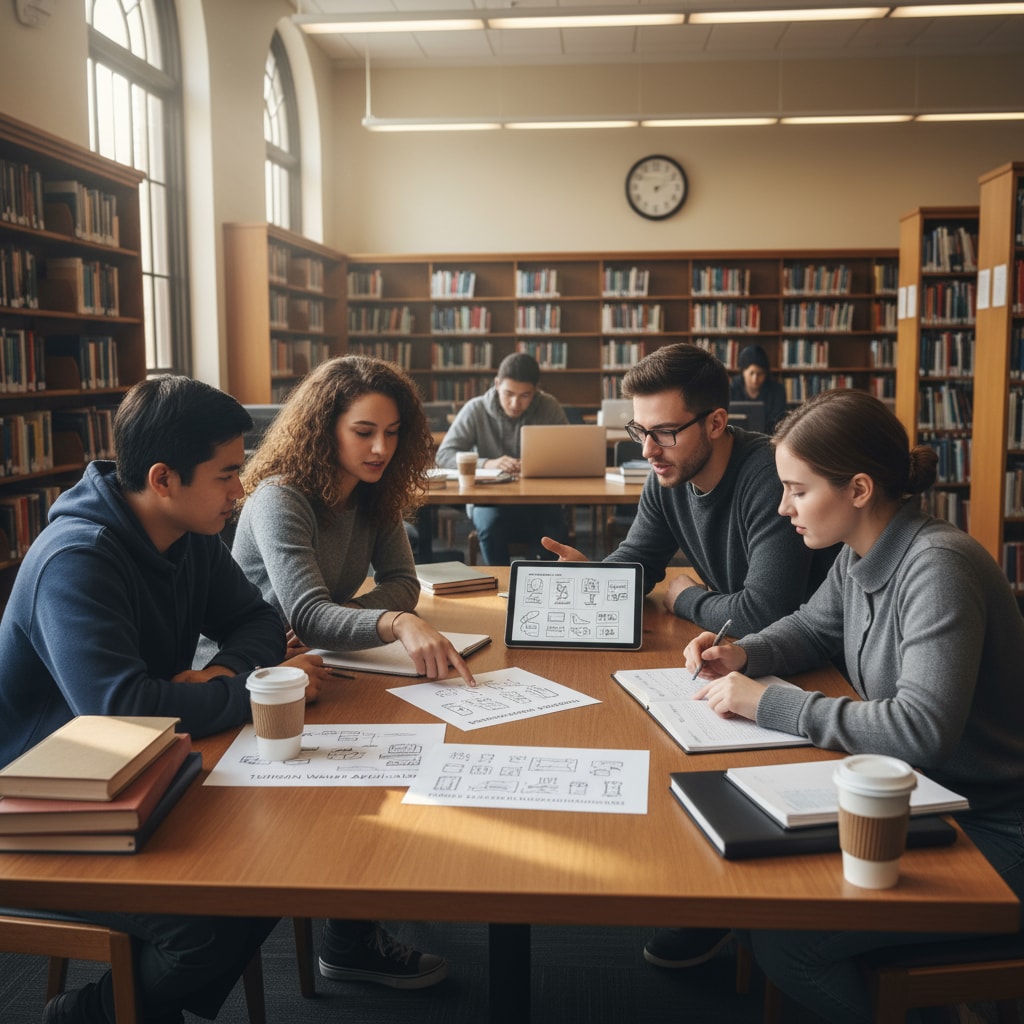 Students discussing tuition waiver applications in a college library with reference to resident status and AB-540 form