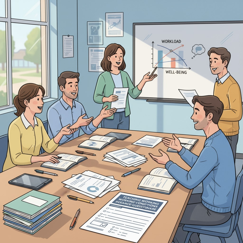 Teachers in a staff room discussing the questionnaire for teaching working conditions research