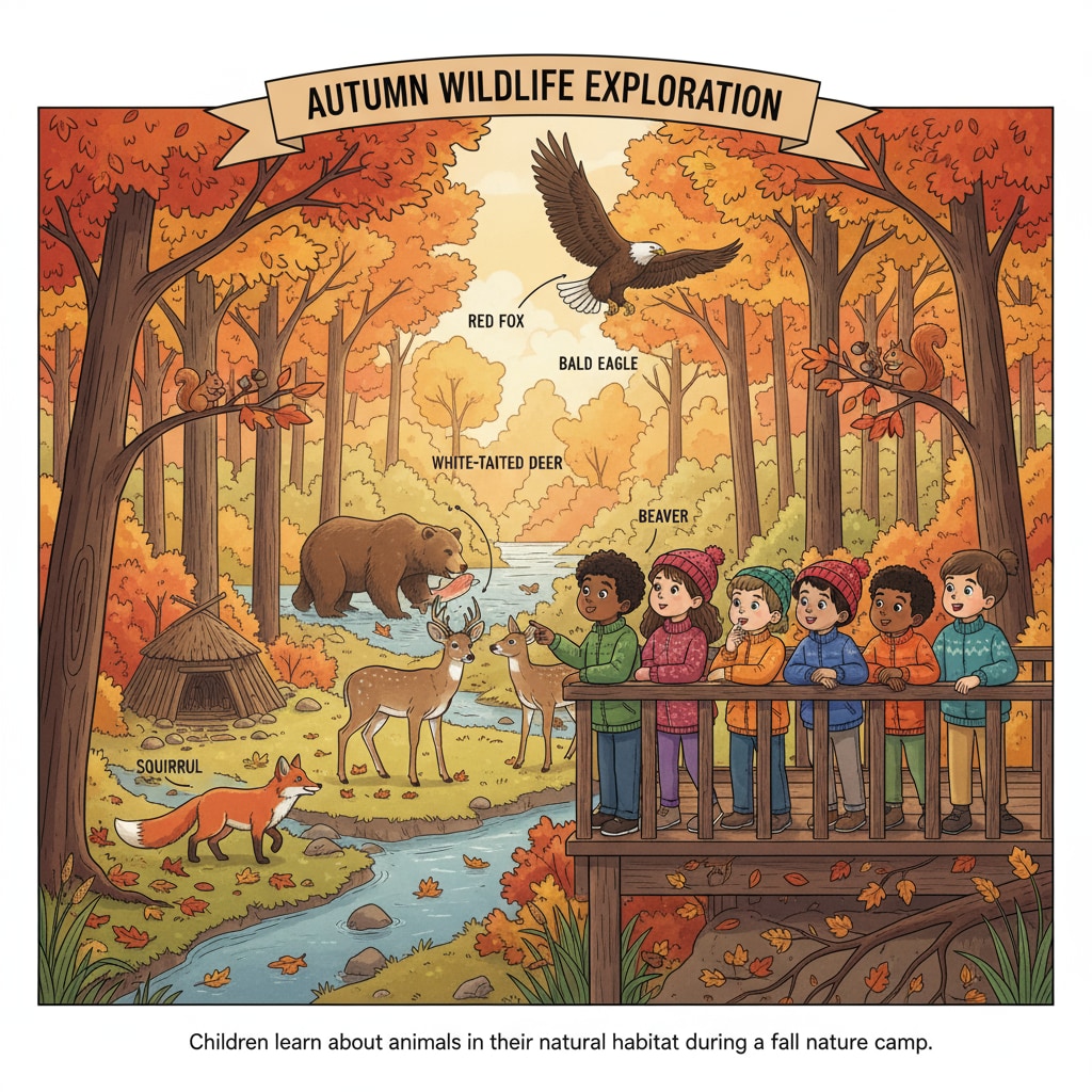 Kids observing animal adaptation during an autumn day camp