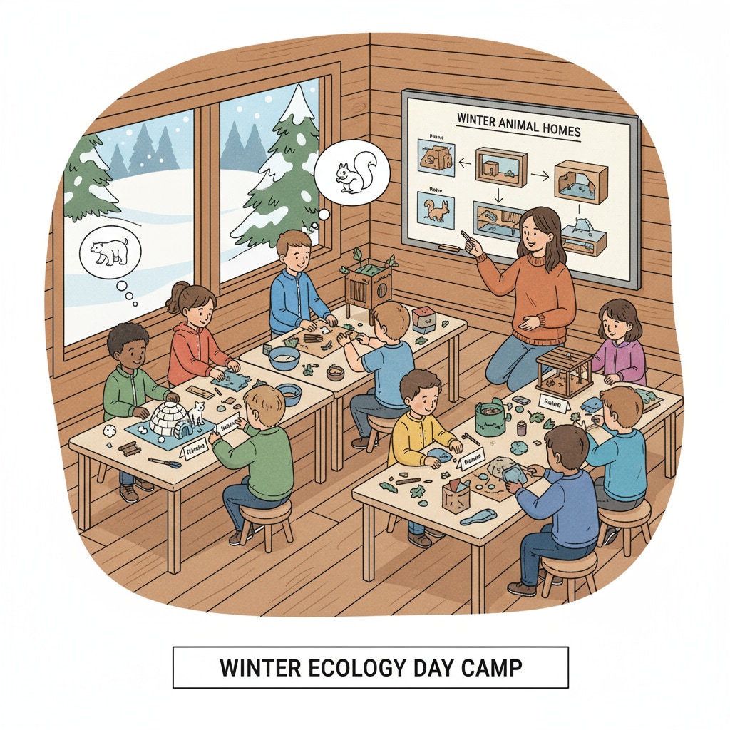 Kids building animal shelters to learn about adaptation in winter day camp