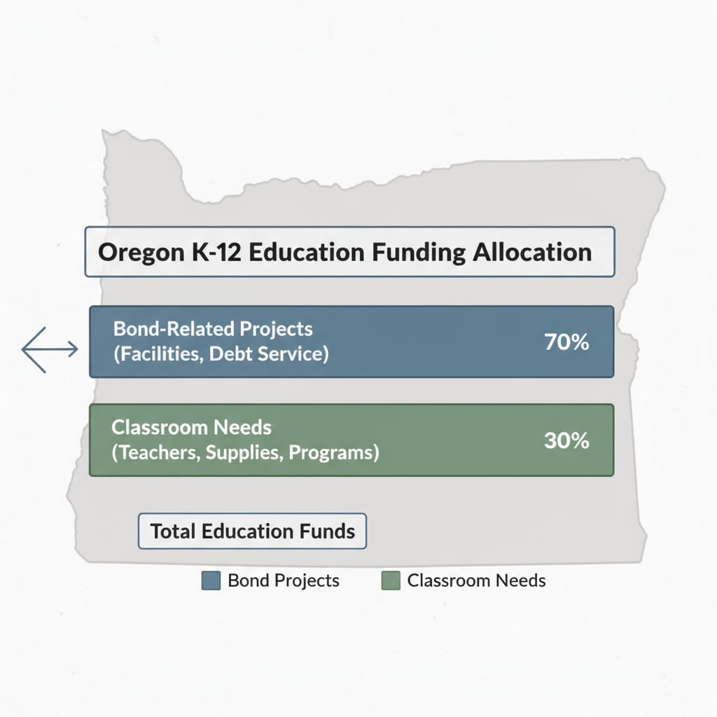 A graph showing the distribution of education funds between bond-related projects and classroom needs in Oregon Graph depicting the distribution of education funds relevant to school bonds, OSCIM program, education funds, and school debt in Oregon