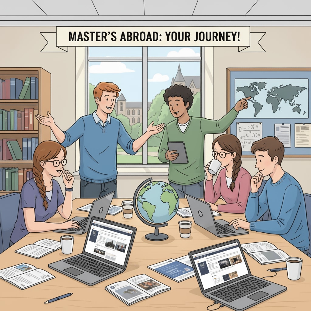 A group of Irish mechanical engineering students are gathered around a table, discussing their options for studying abroad for a master's degree. They are looking at brochures and laptops, deep in conversation. Irish mechanical engineering students discussing study abroad plans for master's degree