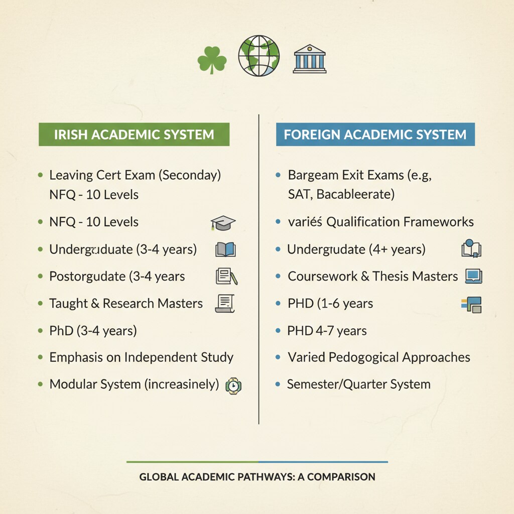 An illustration with two columns showing the differences in academic systems between Ireland and other countries. One column lists the features of the Irish academic system and the other shows those of a foreign system. Illustration of differences in academic systems for Irish mechanical engineering students studying abroad for master's degree