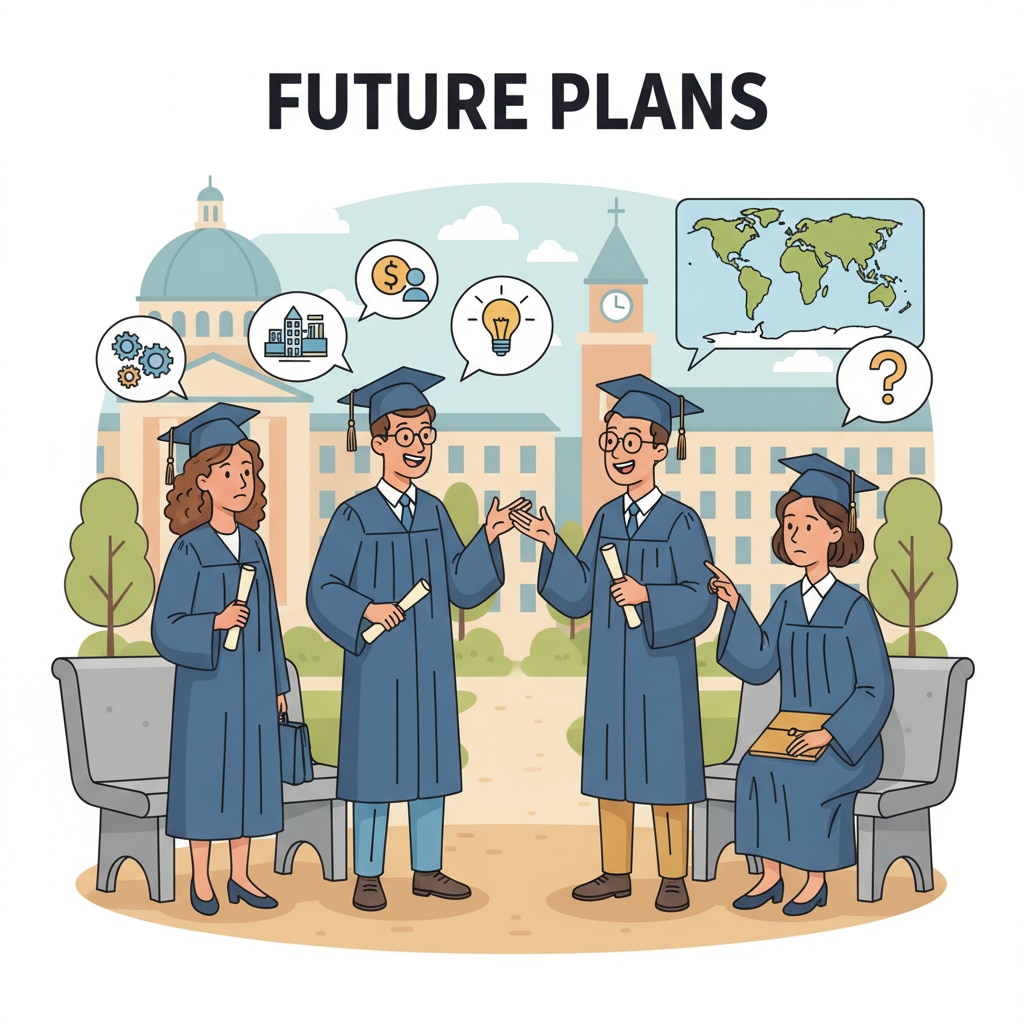 A group of graduates is engaged in a lively discussion about their future plans, with some looking excited and others showing a bit of concern. Graduates discussing master's degree, employment, and career planning options