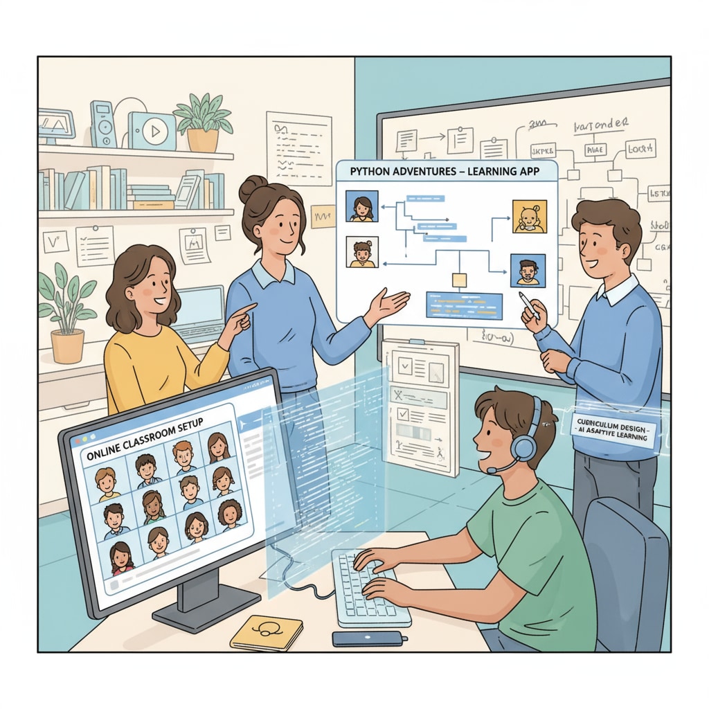 A group of people are shown working on different educational technology tasks such as programming learning apps, setting up online classrooms, etc. Educational technology work related to non-teaching positions and career development in K12 education