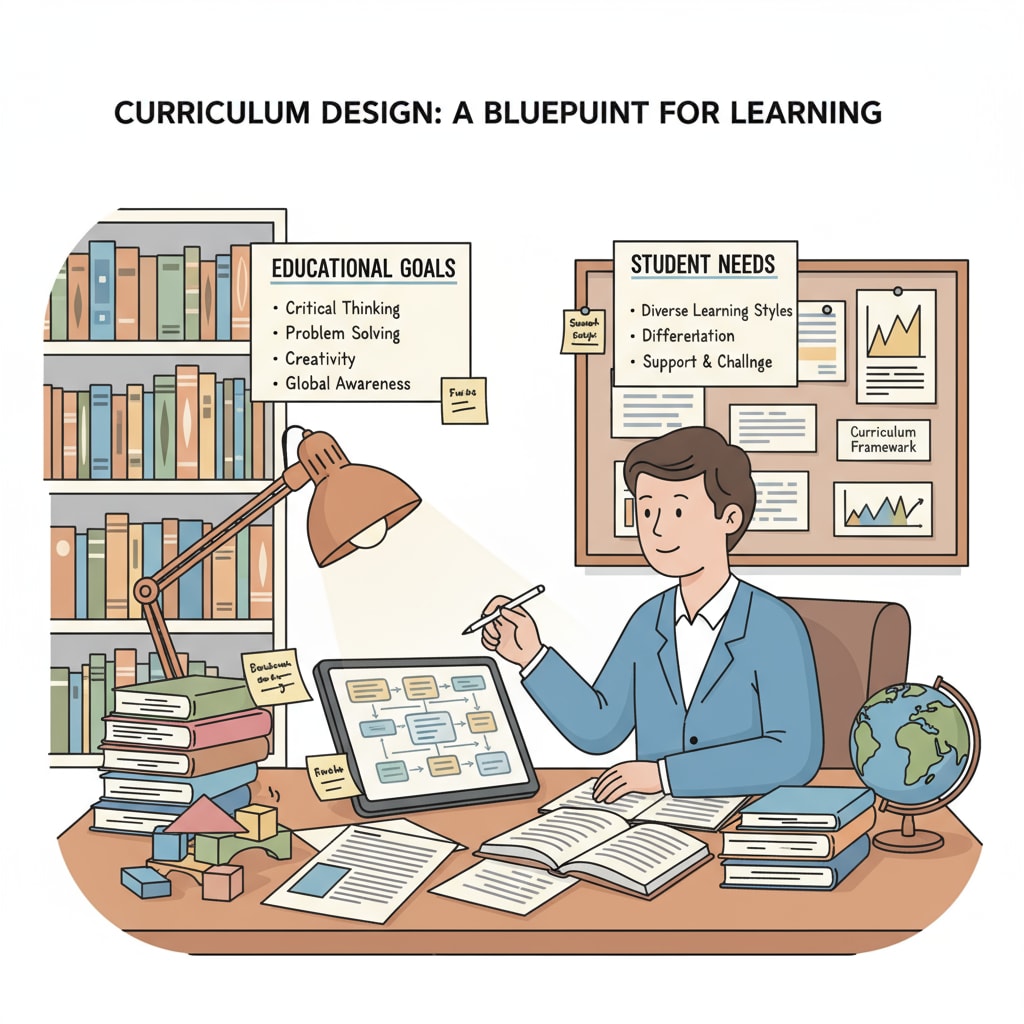 An individual is sitting at a desk, surrounded by books and papers, carefully designing a curriculum. There are notes about educational goals and student needs. Curriculum design work for non-teaching positions and career development in K12 education