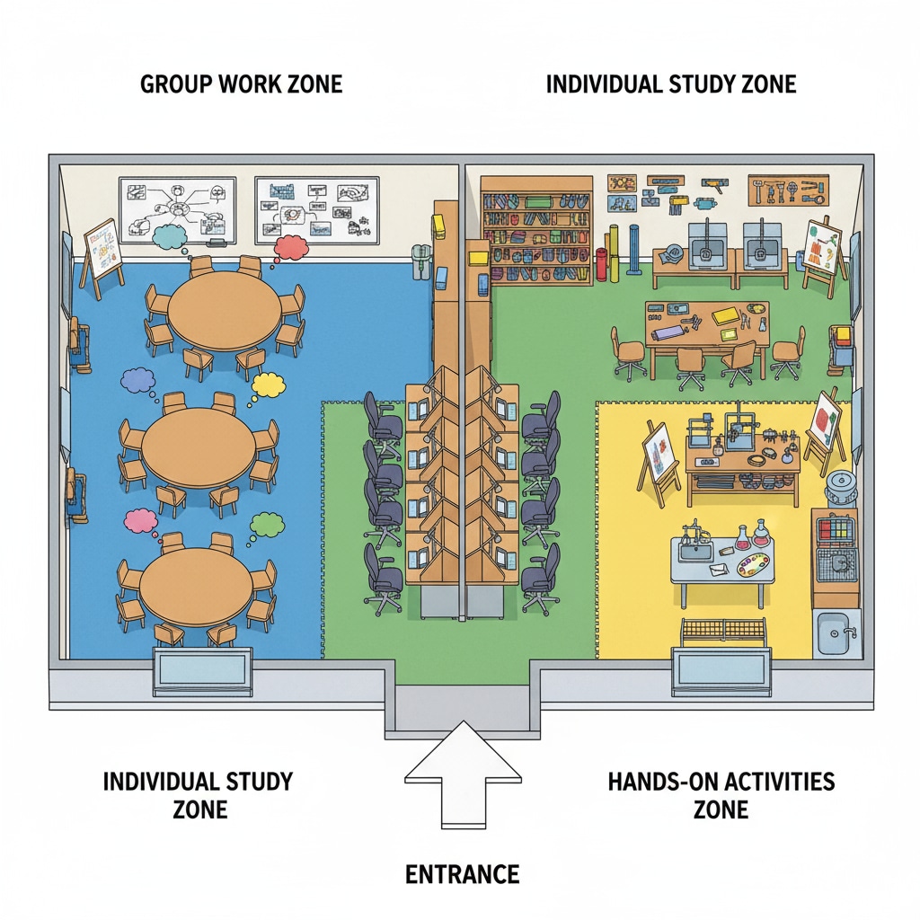 A modern and flexible classroom layout with various learning zones, including areas for group work, individual study, and hands-on activities. Modern K-12 educational space design with flexible learning zones
