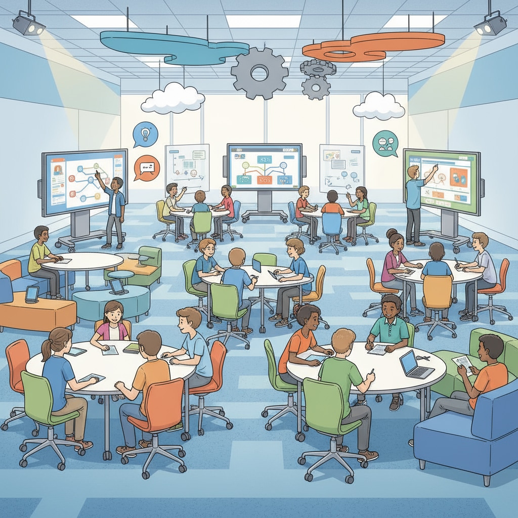 A collaborative learning area with movable furniture and interactive displays, promoting student interaction and engagement. Collaborative K-12 learning space with interactive elements