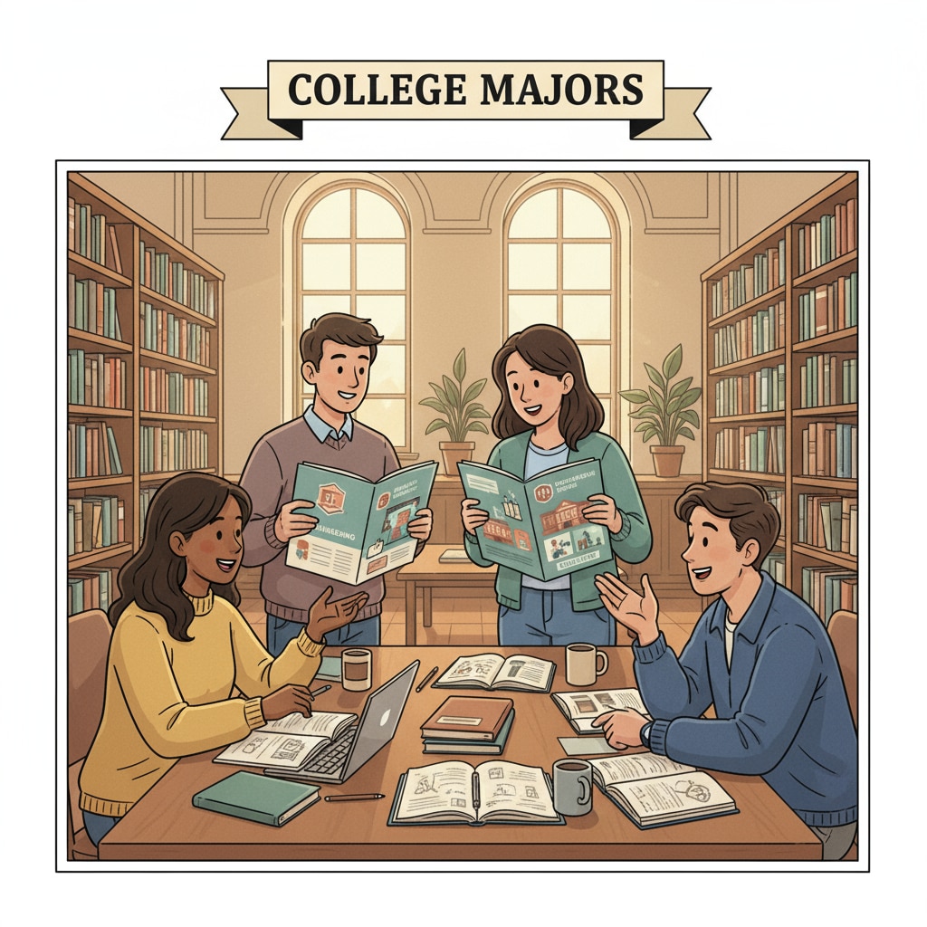 A group of students are gathered around a table in a library, looking at college major brochures and having a lively discussion. Students discussing college majors related to math, physics, software engineering, and career prospects in a library