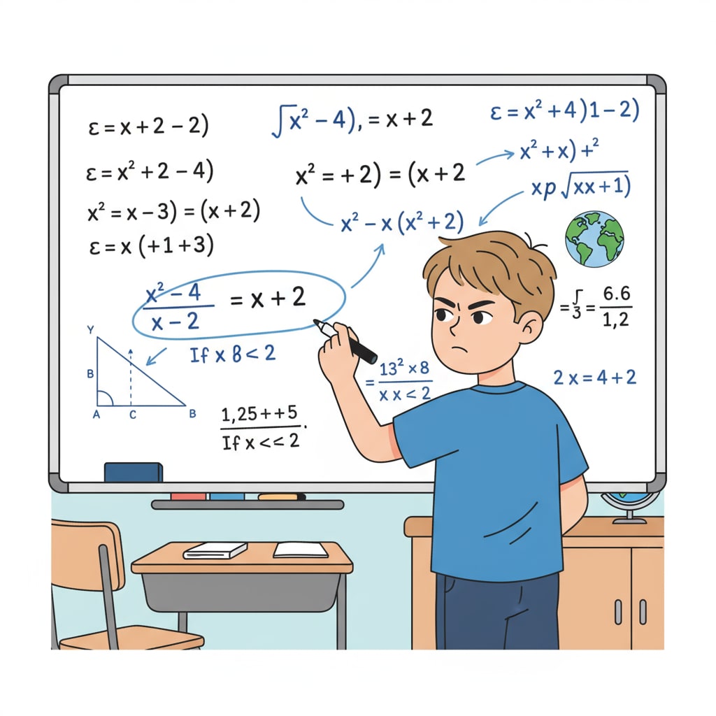 A student is standing in front of a whiteboard filled with complex math equations, holding a marker and deeply concentrating on solving a problem. A student demonstrating math skills relevant to college majors, math, physics, software engineering, and career prospects