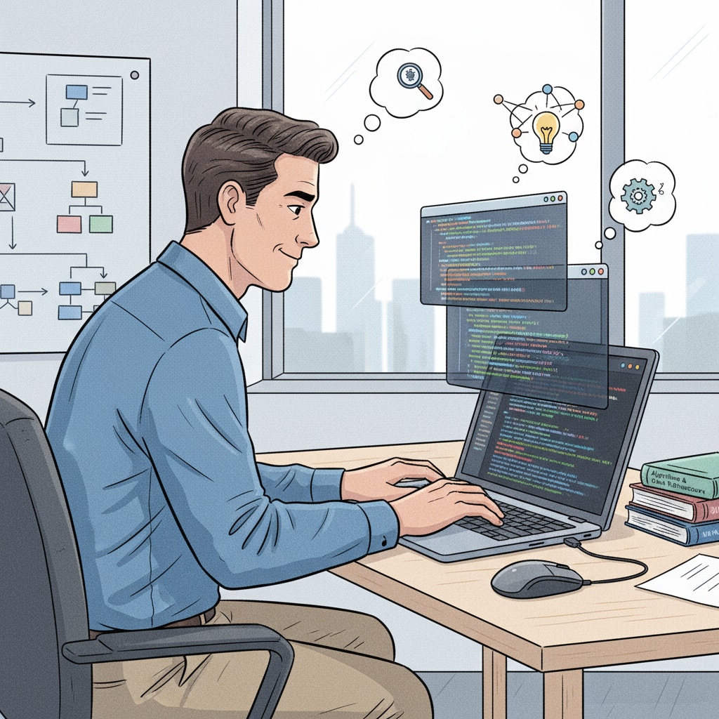 A software engineer is sitting in front of a laptop, with multiple coding windows open, typing rapidly and looking focused. A software engineer working, showing the nature of software engineering related to college majors, math, physics, software engineering, and career prospects