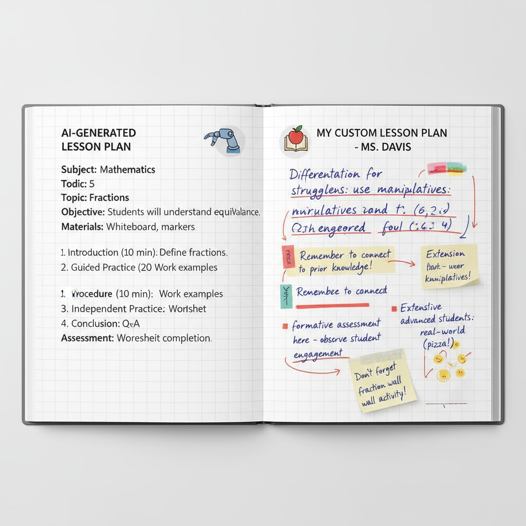 A side-by-side comparison of a basic, generic AI-generated lesson plan and a detailed, handwritten lesson plan filled with notes and personalized teaching strategies by a teacher. Comparison of AI-generated and teacher-written lesson plans relevant to student teaching, authenticity checks, and the significance of GPTZero.