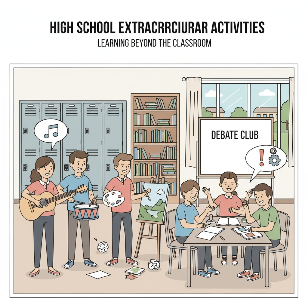 A group of high school students are seen participating in different extracurricular activities like playing musical instruments, painting, and discussing in a debate club. High school students engaged in various international study related extracurricular activities for university preparation