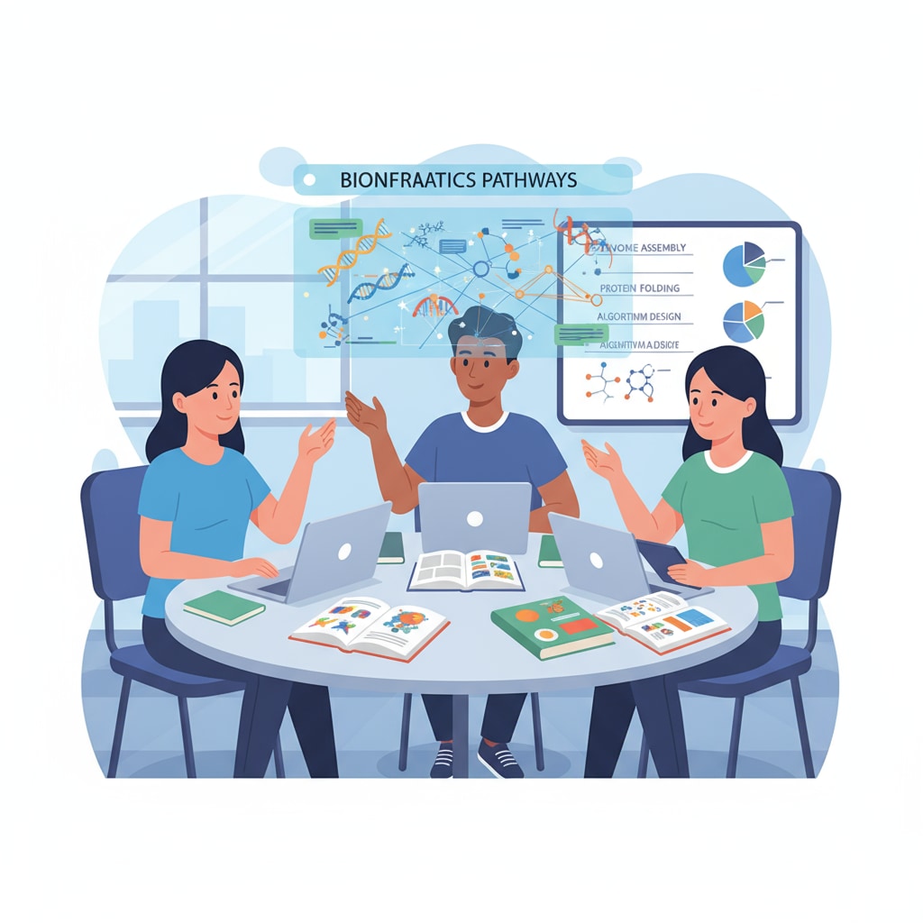 Students discussing bioinformatics concepts in a classroom related to bioinformatics, programming difficulties, and scholarships
