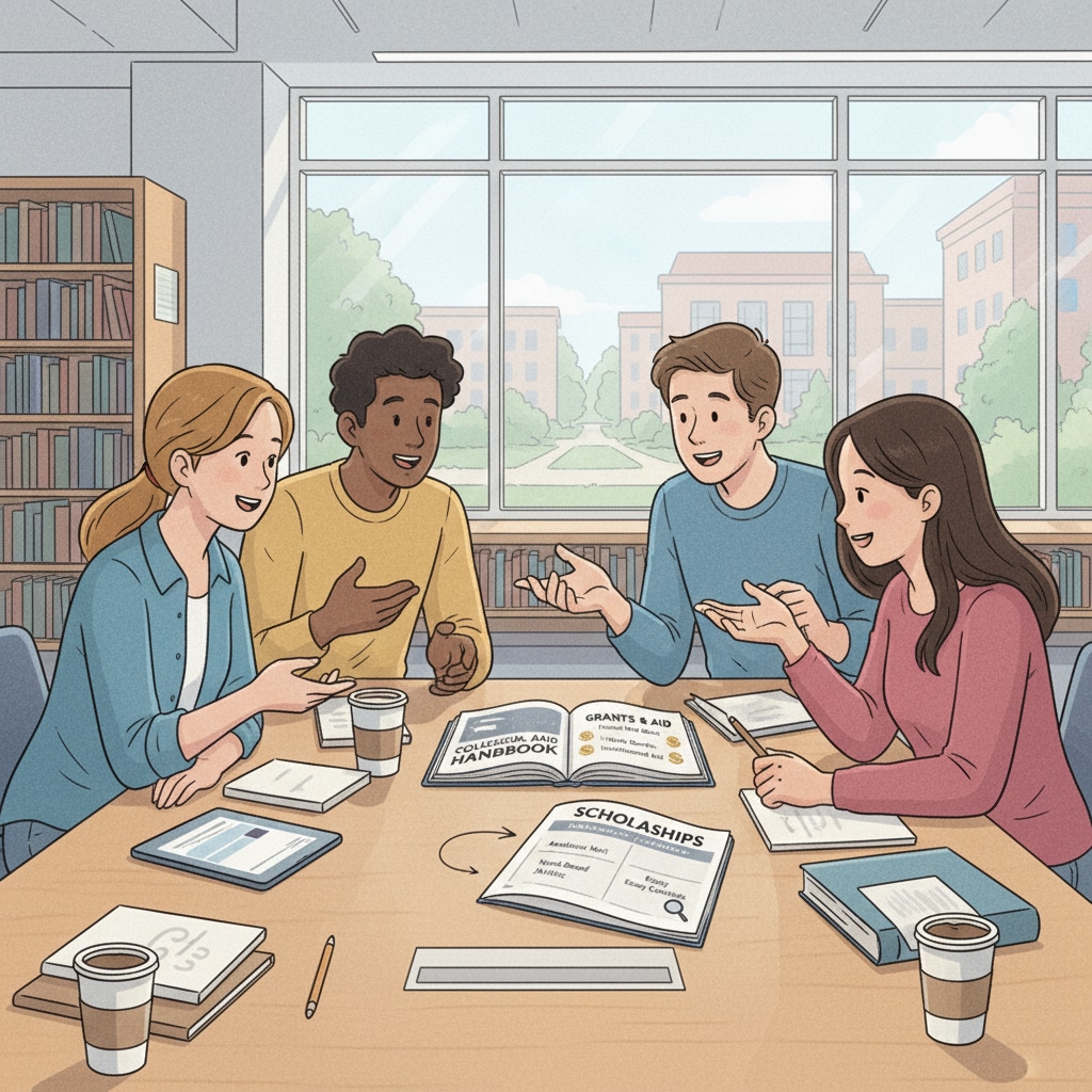 A group of students are gathered around a table, discussing their college plans. An open book on the table shows information related to financial aid, such as grant details and scholarship requirements. High school students with pending asylum status discussing college financial aid and scholarship opportunities
