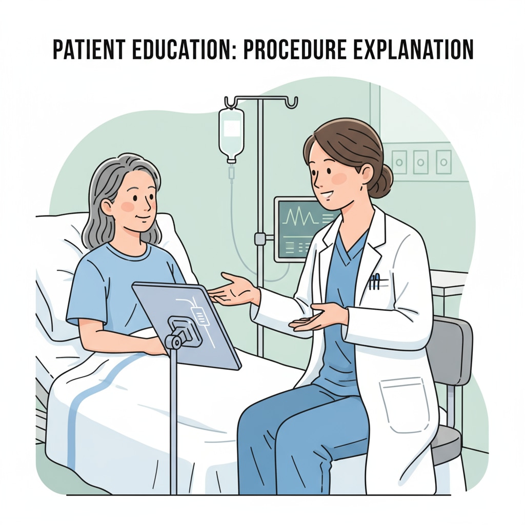 A nurse is sitting beside a patient's bed, talking to the patient in a gentle and reassuring manner. The nurse is using hand gestures to explain a medical procedure. A nurse demonstrating communication skills while interacting with a patient