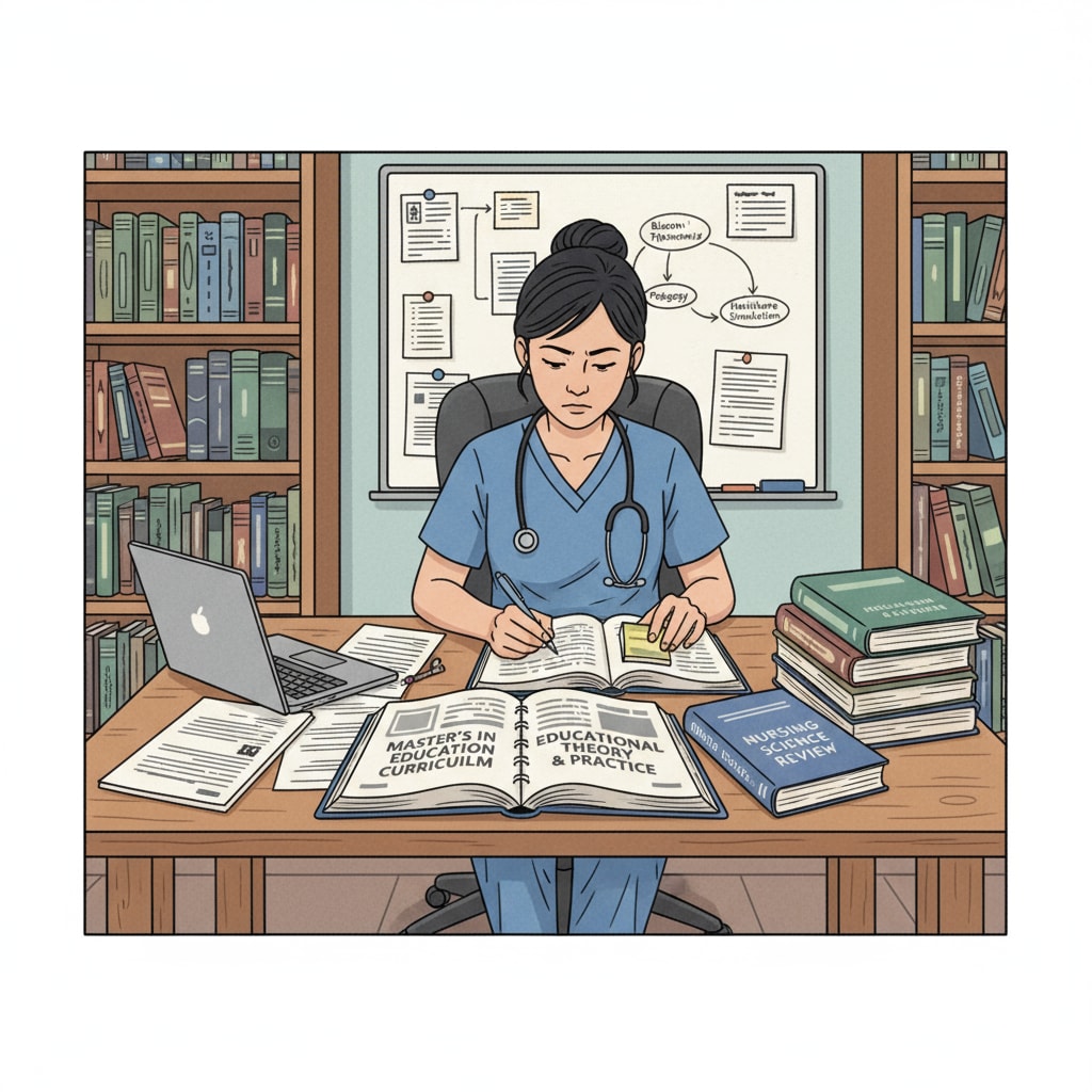 A BSN holder is sitting at a desk, surrounded by books and study materials. They are focused on reading and taking notes for their master's degree in education. A BSN holder engaged in studying for a master's degree in education