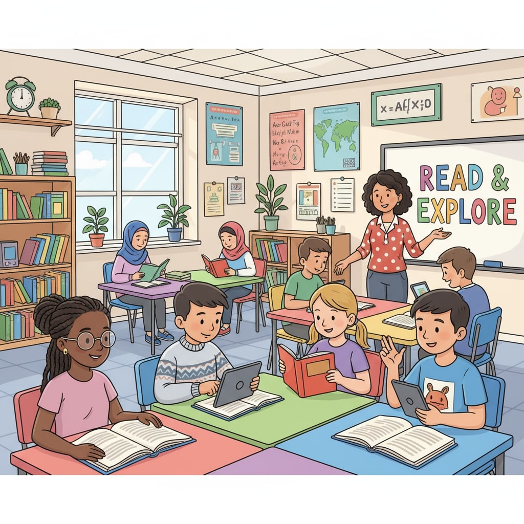 A classroom scene where students of various races are engaged in reading activities, highlighting the diverse nature of the learning environment. Students from different racial backgrounds reading in a classroom, related to racial bias, literacy rates, and media coverage in education.
