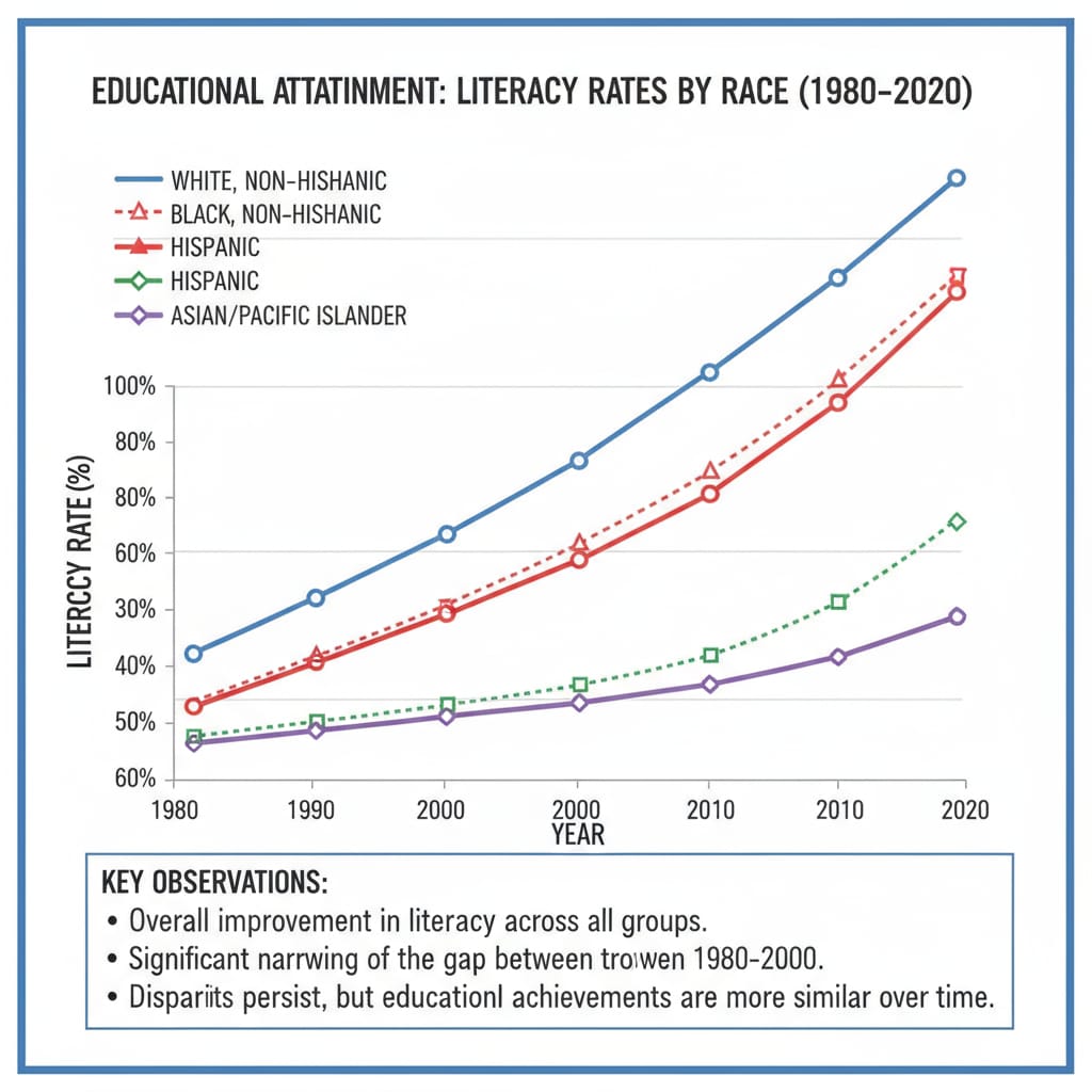 A visual representation of a graph depicting the literacy rate trends among different racial groups, showing the similarities and differences in educational achievements. Graph showing literacy rate trends among different racial groups, associated with racial bias, literacy rates, and media coverage in education.