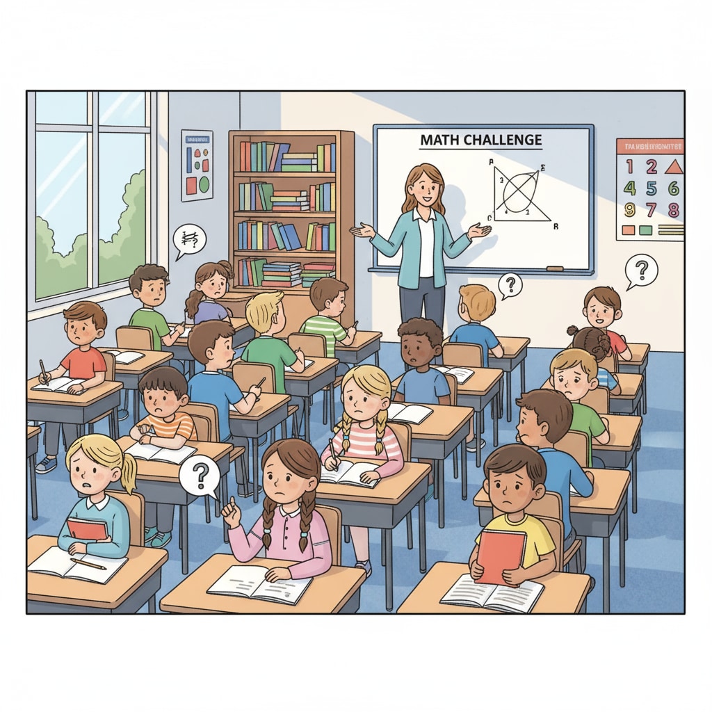 A classroom scene where students are hesitant to raise their hands to ask questions in a math class. Students showing hesitation in asking questions related to college mathematics, questioning frequency, and teacher responses in a math class.
