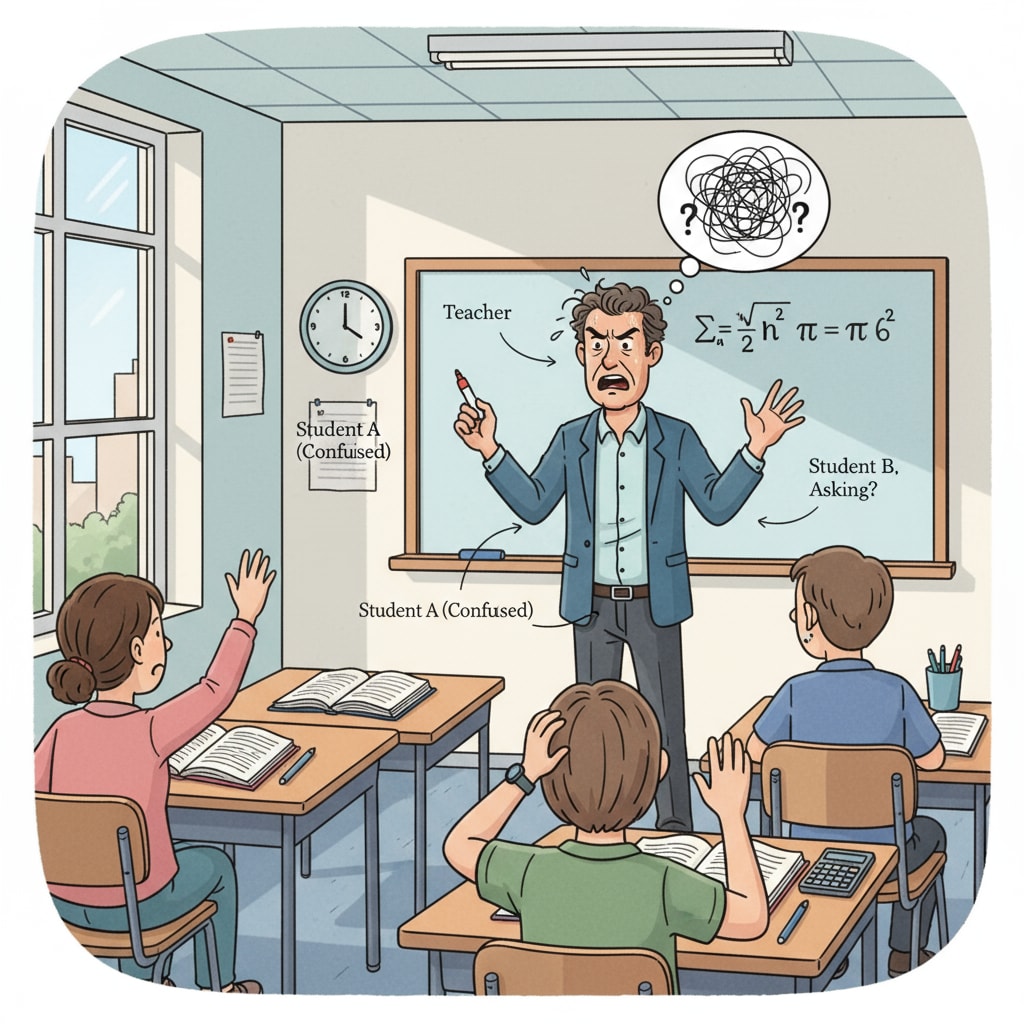 A teacher looking a bit stressed while trying to answer students' questions in a math class. A teacher under pressure due to students' questions regarding college mathematics, questioning frequency, and teacher responses.