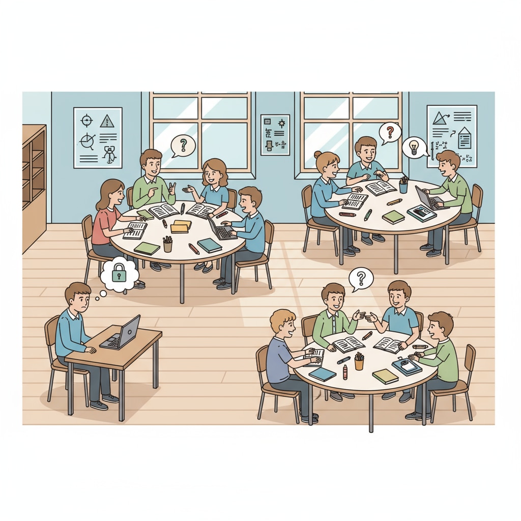 A classroom scene with students sitting in groups, while one student looks a bit isolated, showing the contrast between social learning and solitude learning Classroom scene highlighting solitude learning and social pressure through seating arrangement