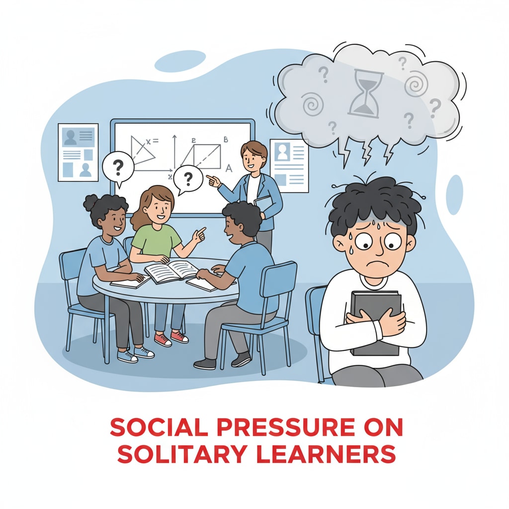 A student looking stressed while sitting in a group during a classroom activity, highlighting the social pressure on solitary learners Student under social pressure in a group activity related to solitude learning