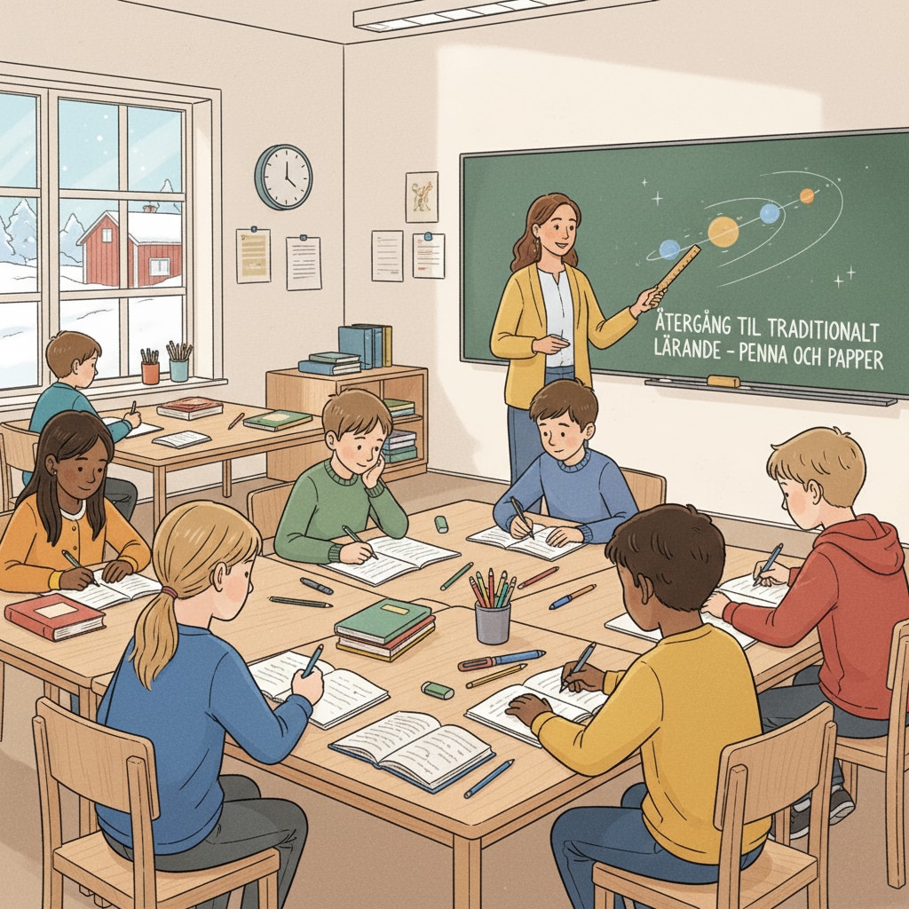 Students in a Swedish classroom using pen and paper for learning, related to Swedish education's shift from digital to traditional methods.