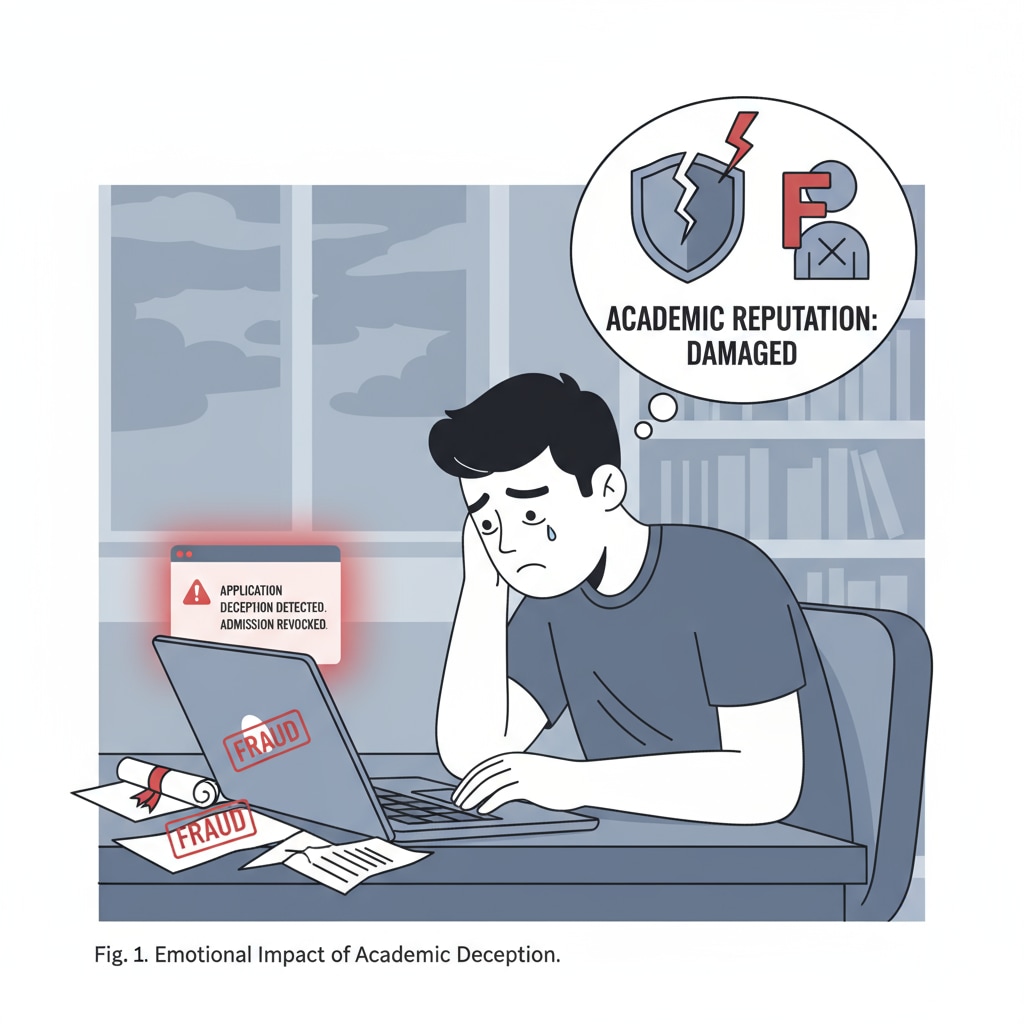 A student looking dejected after learning about the damage to their academic reputation due to application deception depicts the emotional toll of such actions. Dejected student due to damaged academic reputation from university application deception
