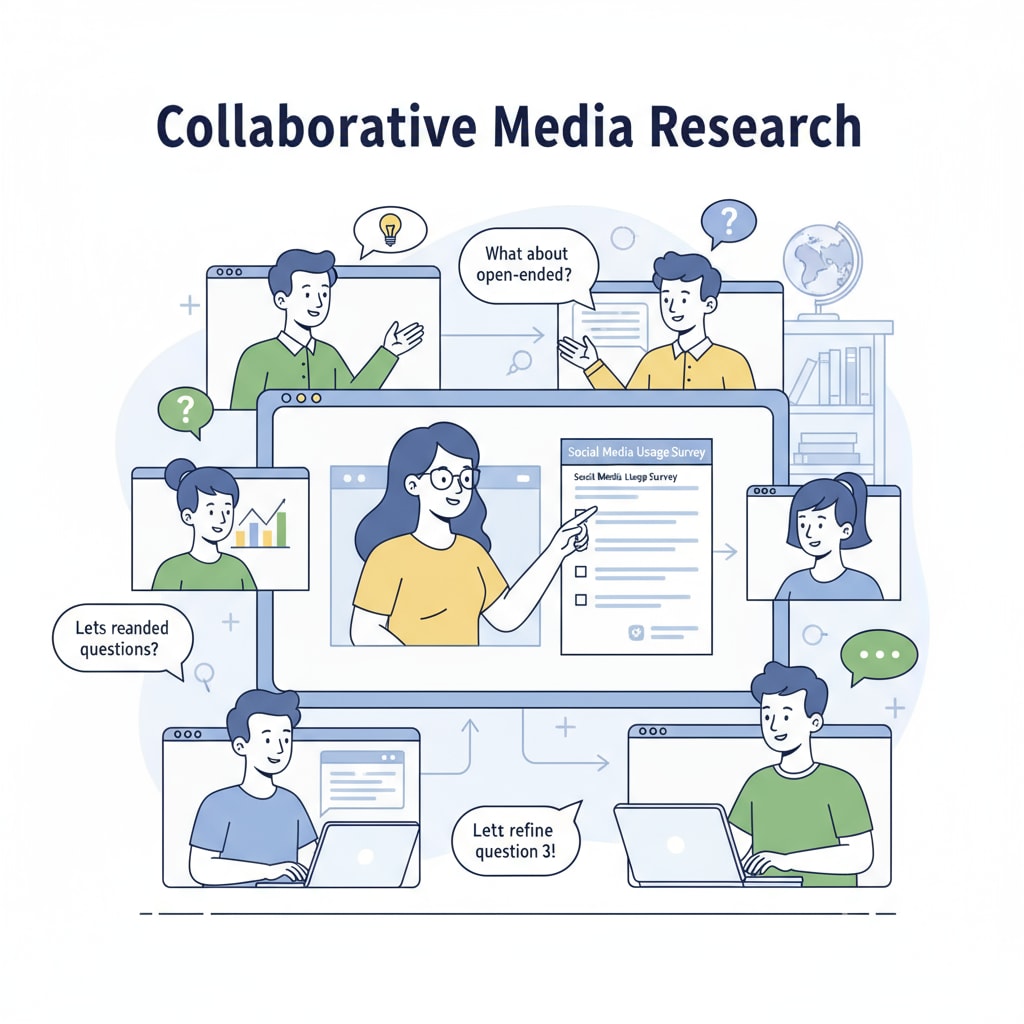 A group of students are collaborating on a media research questionnaire in an online community, sharing their screens and discussing ideas. K12 students seeking academic help for media research questionnaire in an online community
