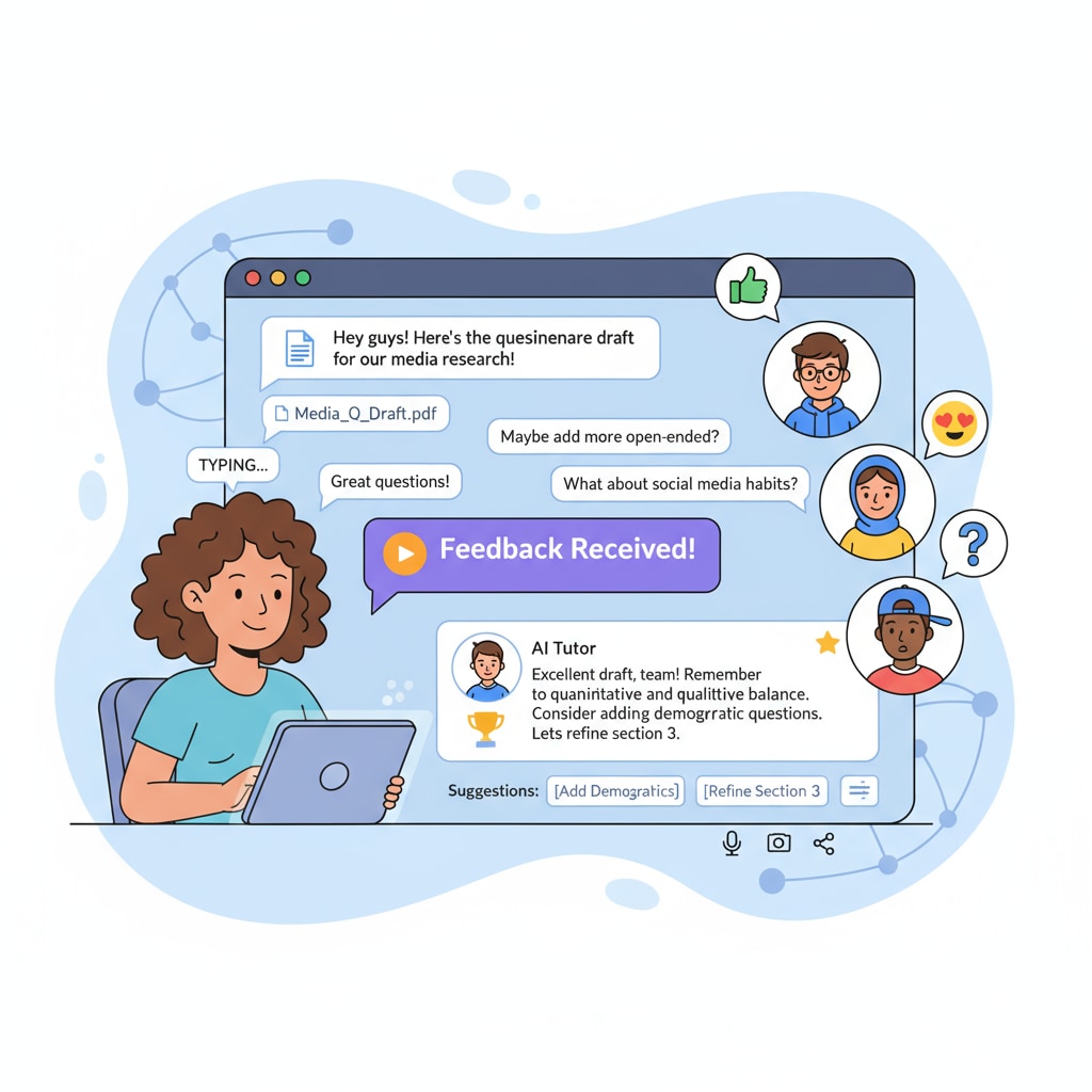 Students are chatting in an online platform, getting feedback on their media research questionnaire. One student is typing while others are reacting with emojis. K12 students getting feedback on media research questionnaire in an online chat