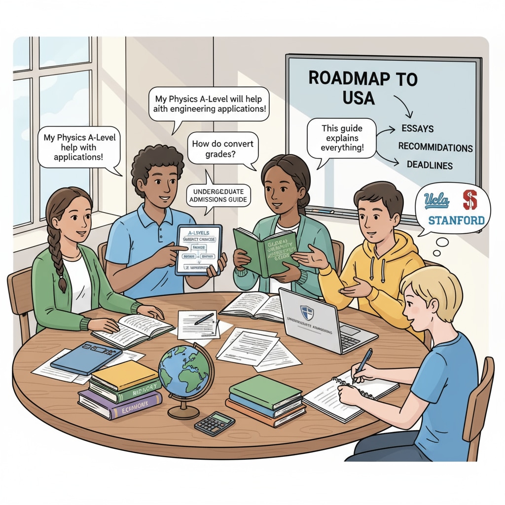 Students discussing A-Level courses for US university applications