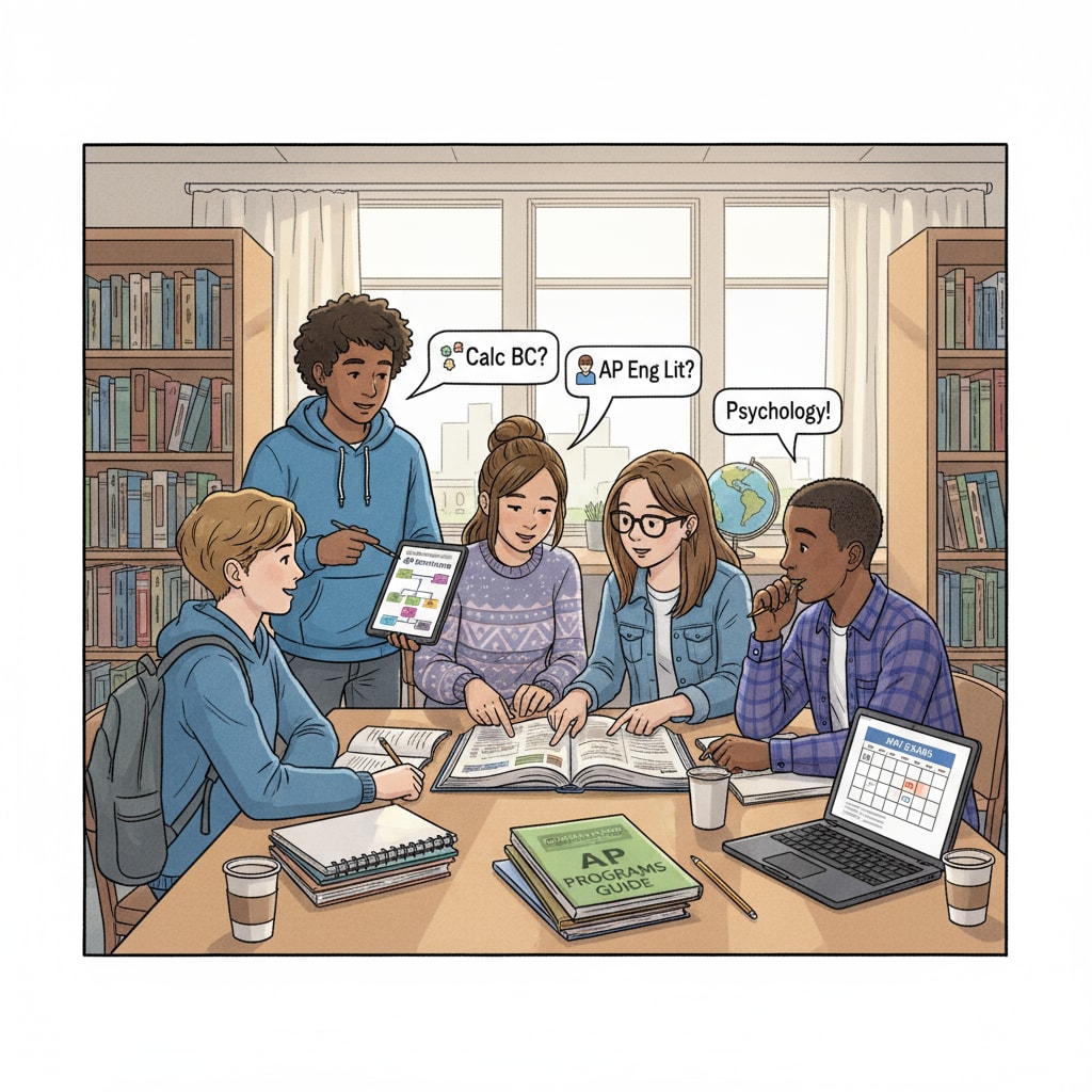 High school students discussing AP courses in a library related to AP courses, high school planning, and AP statistics